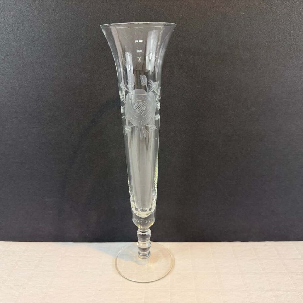 clear glass bud vase flared top etched floral bubble-stem above round foot 10”